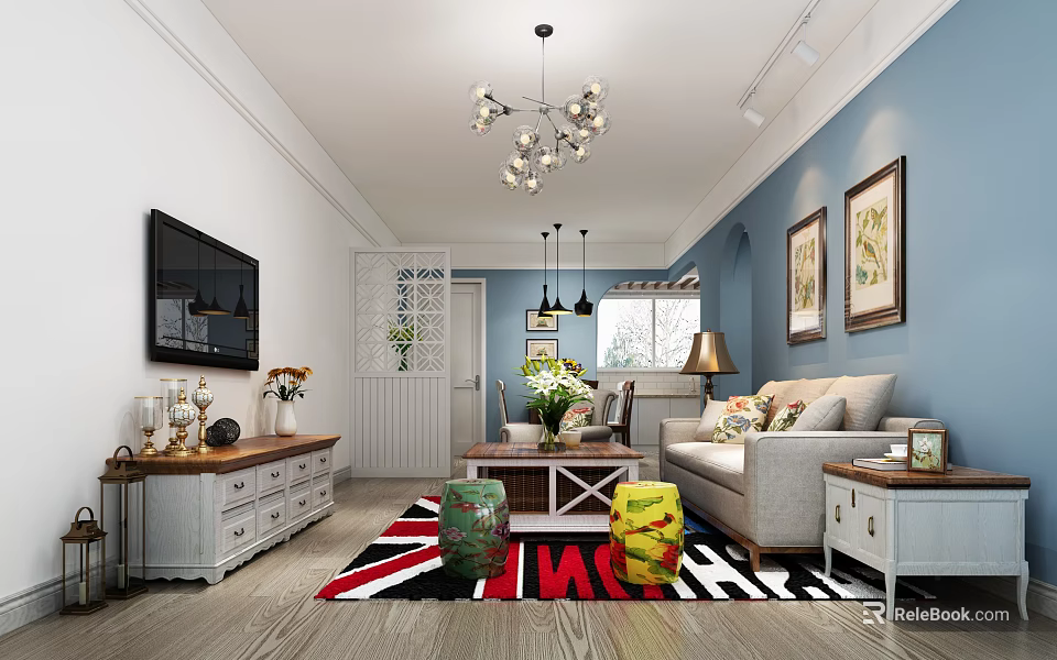 Modern Living and Dining Room Interior with Sofa TV Decorative Paintings and Area Rug 3d model 