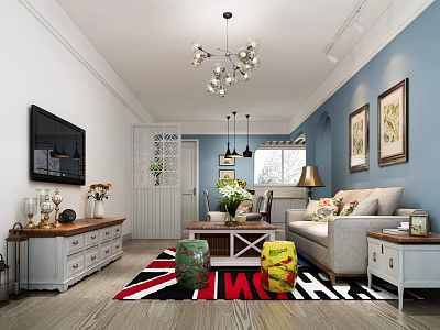 Modern Living and Dining Room Interior with Sofa TV Decorative Paintings and Area Rug 3d model