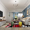 Modern Living and Dining Room Interior with Sofa TV Decorative Paintings and Area Rug