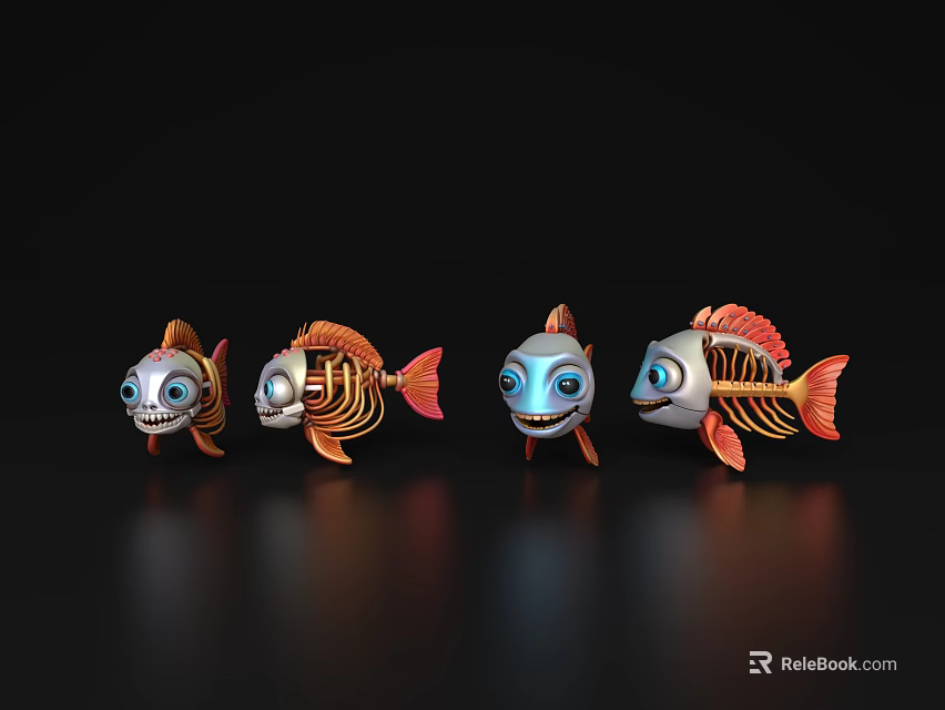 Cartoon Fish With Skeleton Structure Orange Silver Colors And Blue Eyes On Black Background 3d model 