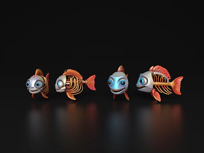Cartoon Fish With Skeleton Structure Orange Silver Colors And Blue Eyes On Black Background 3d model