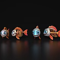 Cartoon Fish With Skeleton Structure Orange Silver Colors And Blue Eyes On Black Background