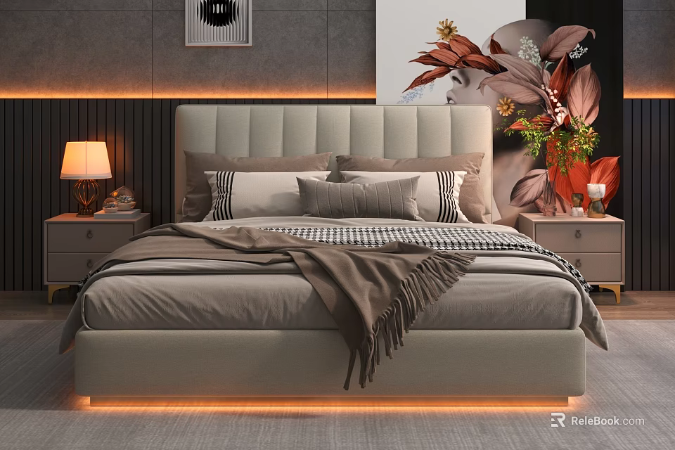 Modern Bedroom Interior With Tufted Headboard Multiple Pillows Throw Blanket Nightstands And Warm Lighting 3d model