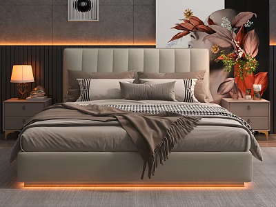 Modern Bedroom Interior With Tufted Headboard Multiple Pillows Throw Blanket Nightstands And Warm Lighting 3d model