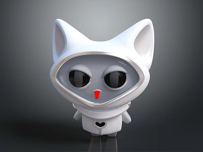 3D White Cat Ear Cartoon Character With Big Black Eyes Red Nose And Heart Shape Chest Design 3d model