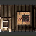 Cartoon Scene of Japanese Room With Wooden Sliding Doors Tatami Floor And Pink Cherry Tree