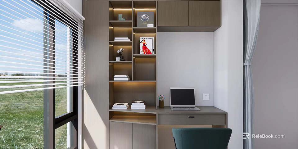 Modern Home Office Desk With Bookshelf Laptop Books Decorations And Green Chair 3d model 