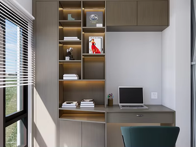 Modern Home Office Desk With Bookshelf Laptop Books Decorations And Green Chair 3d model
