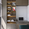 Modern Home Office Desk With Bookshelf Laptop Books Decorations And Green Chair