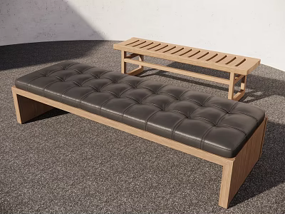 Modern Public Bench With Black Leather Padded Seat And Wooden Frame Along Slatted Wooden Bench 3d model