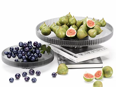 Green Figs And Deep Purple Grapes On Transparent Glass Trays With Sliced Fruits And Books 3d model