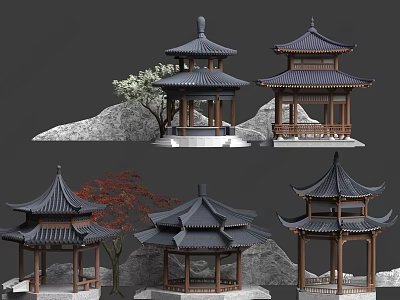 Chinese Traditional Pavilions With Diverse Roof Styles And Garden Rock Tree Features 3d model