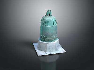 Ancient Bronze Bell With Decorative Patterns Statues On Top And Stone Base 3d model