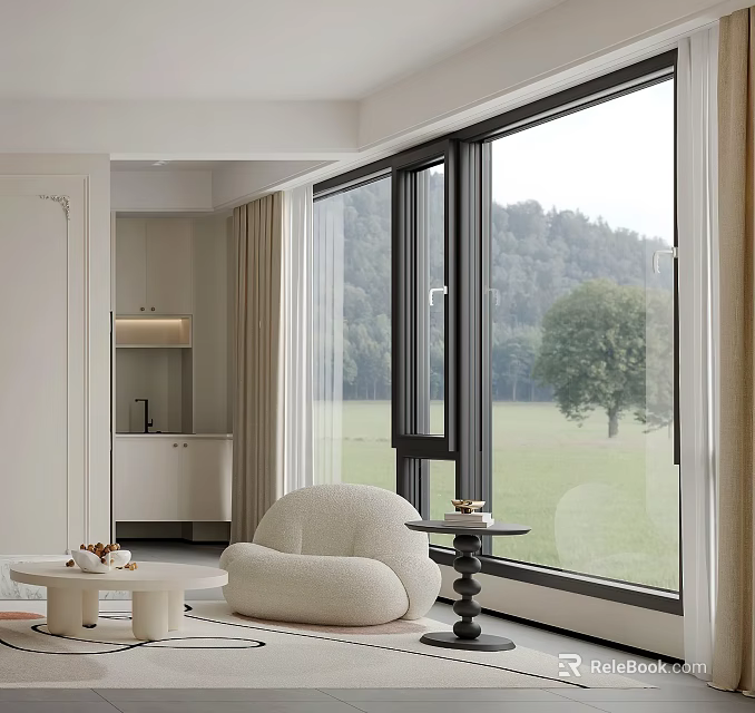 Plush White Accent Chair in Cozy Indoor Space by Window with Green Natural View 3d model 