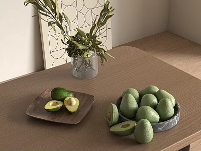 Fresh Ripe Avocados Halved and Whole on Wooden Table with Green Plant Vase 3d model