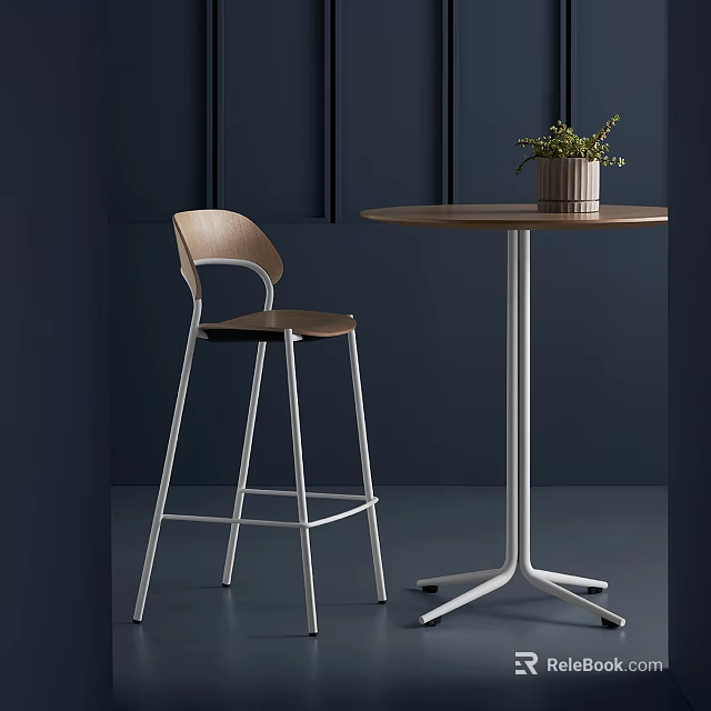 Modern Negotiation Table and Chair Interior with Wooden Top Metal Legs and Potted Plant 3d model 