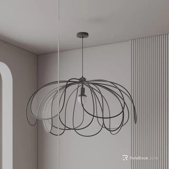 Modern Black Metal Curved Wire Chandelier Hanging In Minimalist Gray Room With Vertical Stripes 3d model 
