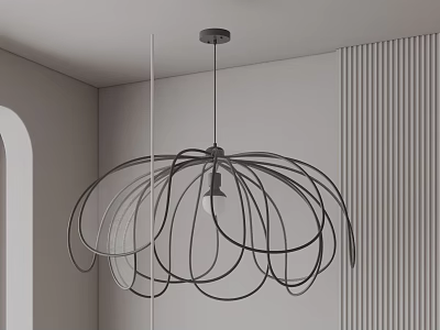 Modern Black Metal Curved Wire Chandelier Hanging In Minimalist Gray Room With Vertical Stripes 3d model