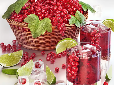 Refreshing Iced Red Berry Drink with Fresh Red Currants Lime Slices and Ice Cubes 3d model