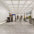 Modern Front Desk Reception Featuring Marble Floor Wooden Shelves White Grid Ceiling And Logo Wall
