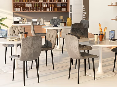 Modern Café Interior With Gray Chairs White Tables Green Plants And Coffee Cups 3d model