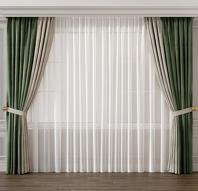 Elegant Green And Beige Curtains With White Sheer Panels And Gold Tiebacks 3d model