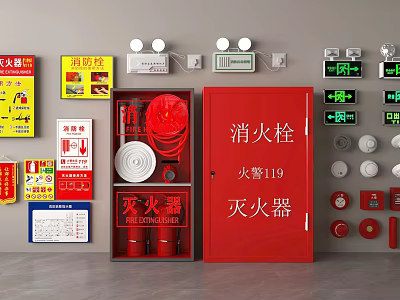 Fire Safety Equipment With Extinguishers Hydrant Cabinets Indicator Lights And Signs 3d model