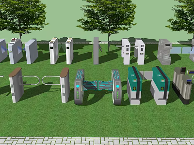 Various Types of Public Facilities Access Gates Installed in Outdoor Green Space 3d model