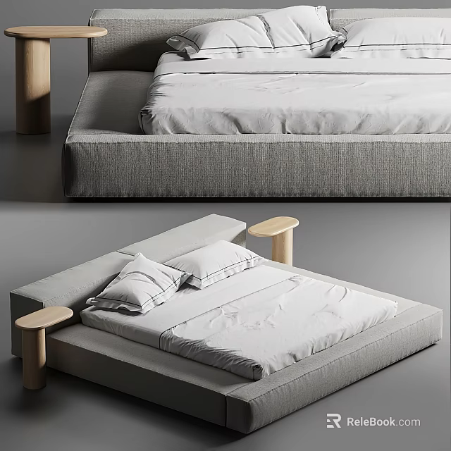 Modern Upholstered Double Bed Design With Low Profile Frame And Round Side Tables 3d model
