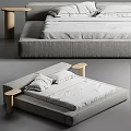 Modern Upholstered Double Bed Design With Low Profile Frame And Round Side Tables 3d model