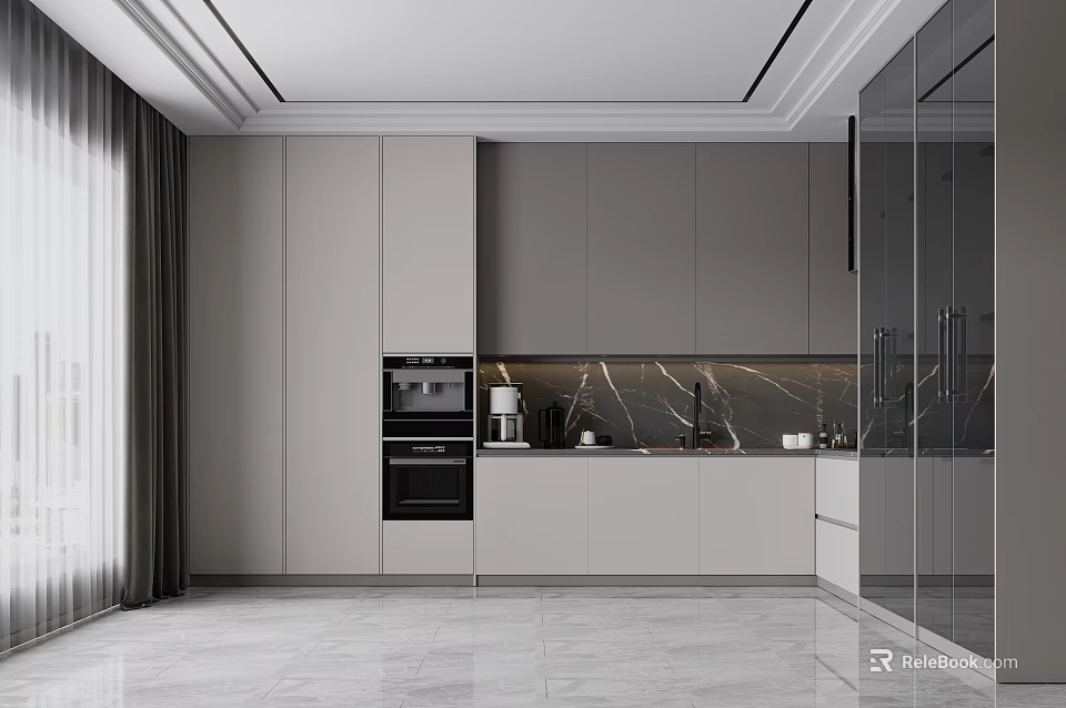 Modern Kitchen Interior With Gray Cabinets Marble Countertop Glass Doors And Built In Oven 3d model 