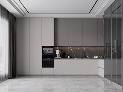 Modern Kitchen Interior With Gray Cabinets Marble Countertop Glass Doors And Built In Oven 3d model