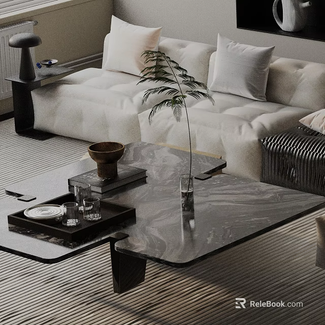 Modern Upholstered Sofa And Marble Top Coffee Table Set With Pillows Decorative Plant And Tray 3d model 