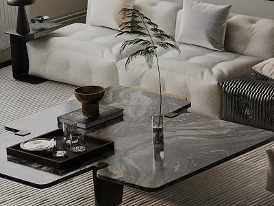 Modern Upholstered Sofa And Marble Top Coffee Table Set With Pillows Decorative Plant And Tray 3d model