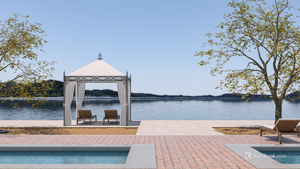 Scenic Park Landscape With Gazebo Pool Lake Trees And Brick Patio 3d model 