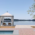 Scenic Park Landscape With Gazebo Pool Lake Trees And Brick Patio