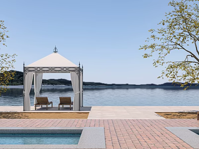 Scenic Park Landscape With Gazebo Pool Lake Trees And Brick Patio 3d model