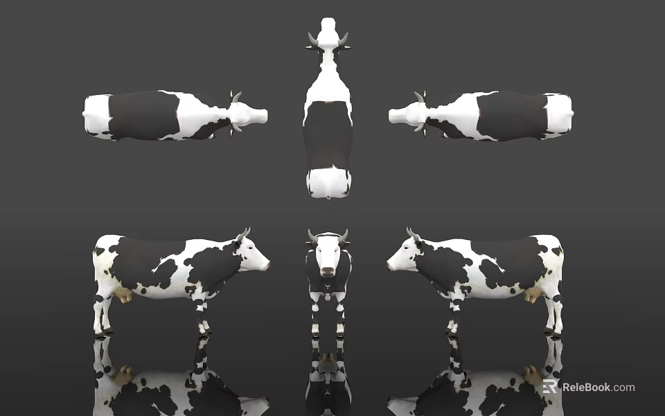 Black And White Cow 3D Models Shown From Various Angles On Black Background 3d model 