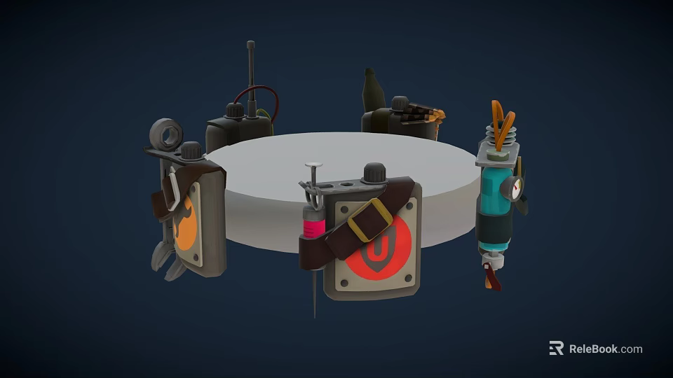 Tactical Weapons and Gear Display on White Circular Platform with Grenades Pouches and Signal Flares 3d model 