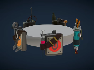 Tactical Weapons and Gear Display on White Circular Platform with Grenades Pouches and Signal Flares 3d model