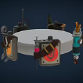 Tactical Weapons and Gear Display on White Circular Platform with Grenades Pouches and Signal Flares