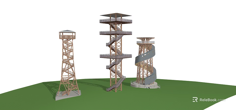 Different Designed Wooden Observation Towers With Spiral Stairs And Viewing Platforms 3d model 
