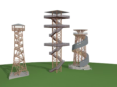Different Designed Wooden Observation Towers With Spiral Stairs And Viewing Platforms 3d model
