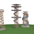 Different Designed Wooden Observation Towers With Spiral Stairs And Viewing Platforms