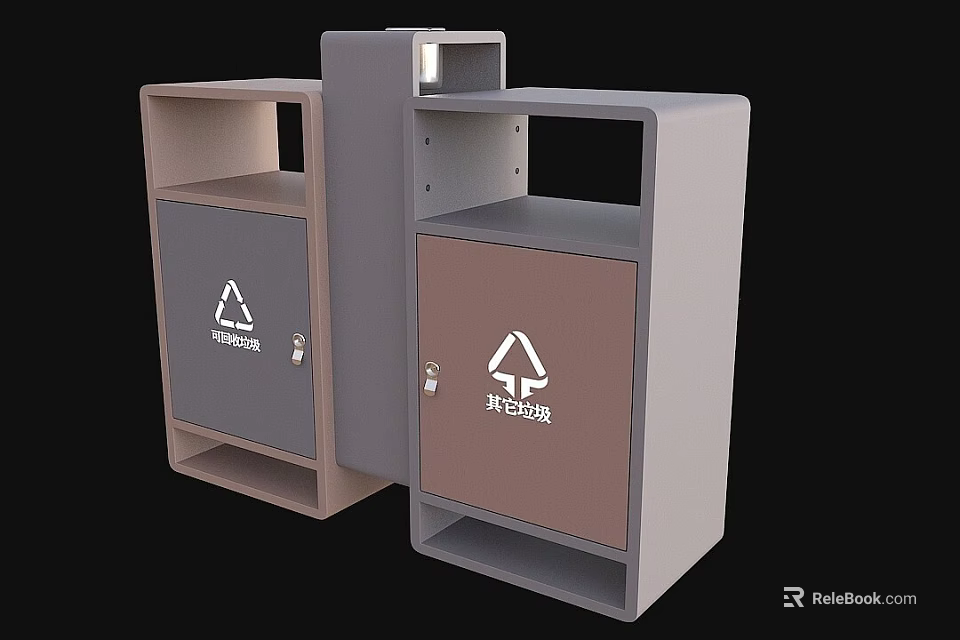 Practical Roadside Facilities With Double Compartment Recycling Bins And Rubbish Containers In Gray Brown 3d model 
