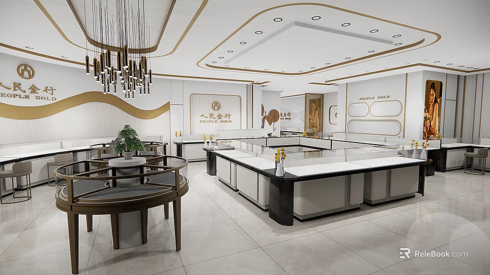 Modern Luxury Jewelry Store Interior With Glass Display Counters And Hanging Chandeliers 3d model 