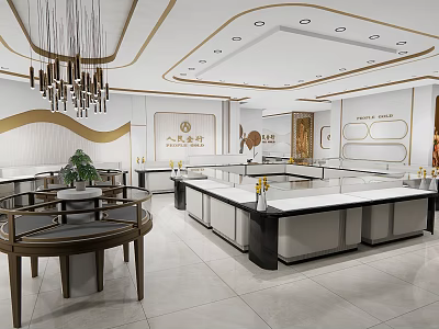 Modern Luxury Jewelry Store Interior With Glass Display Counters And Hanging Chandeliers 3d model