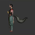 Woman In Traditional Outfit With Pink Red Sleeves Floral Patterns Waist Decoration Green Pants Barefoot