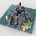 Creative Building Blocks Model With Gray Sea Monster Blue Water Small Boat And Green Plants