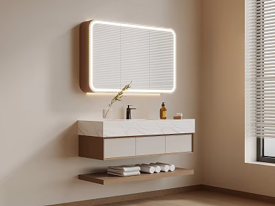 Modern Minimalist Bathroom Vanity With LED Mirror Marble Countertop Drawers And Towel Shelf 3d model